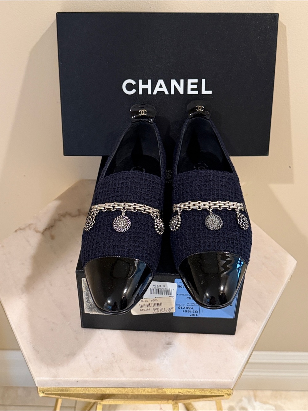 CHANEL Navy Tweed Loafers with Black Patent Cap Toe and Silver Chain size 40.5